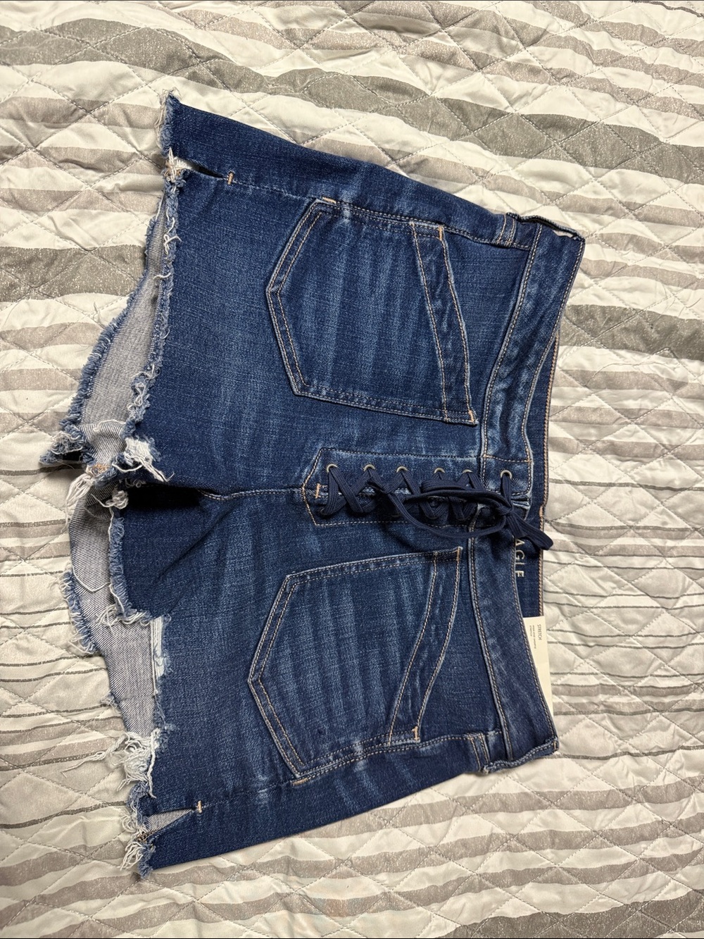 American Eagle Outfitters Dark Blue Lace-Up Frayed Denim Shorts